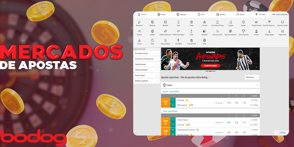 Os mercados de apostas para vários esportes no site da Bodog Brasil