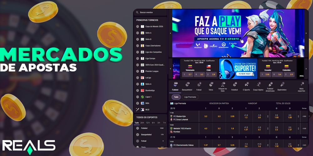 Mercados de apostas em vários esportes no site da Realsbet Brasil